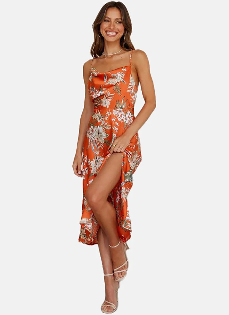 يونيكي Orange Floral Printed Shoulder Straps Satin A-Line Midi Dress