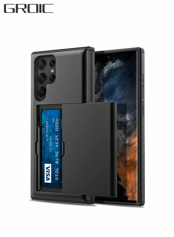 GROIC For Samsung S22 Ultra Case with Card Holder 5G 6.8 inch Slim Dual Layer Heavy Duty Protective Galaxy S22 Ultra Case Hidden Card Slot Wallet Case for Samsung S22 Ultra(Black)  - Image 1