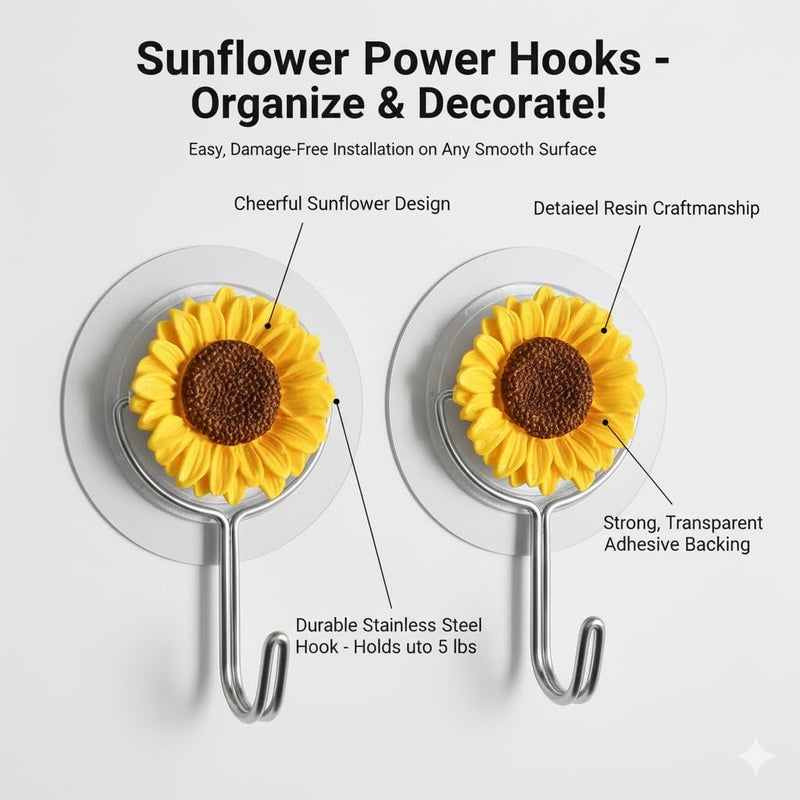 SOLDTRUE Decorative Sunflower Wall Hooks | Round Self-Adhesive Metal & Resin Hooks for Towels, Bags & Accessories | Stylish Home Organizer, Strong Hold (Pack of 2) - Image 5