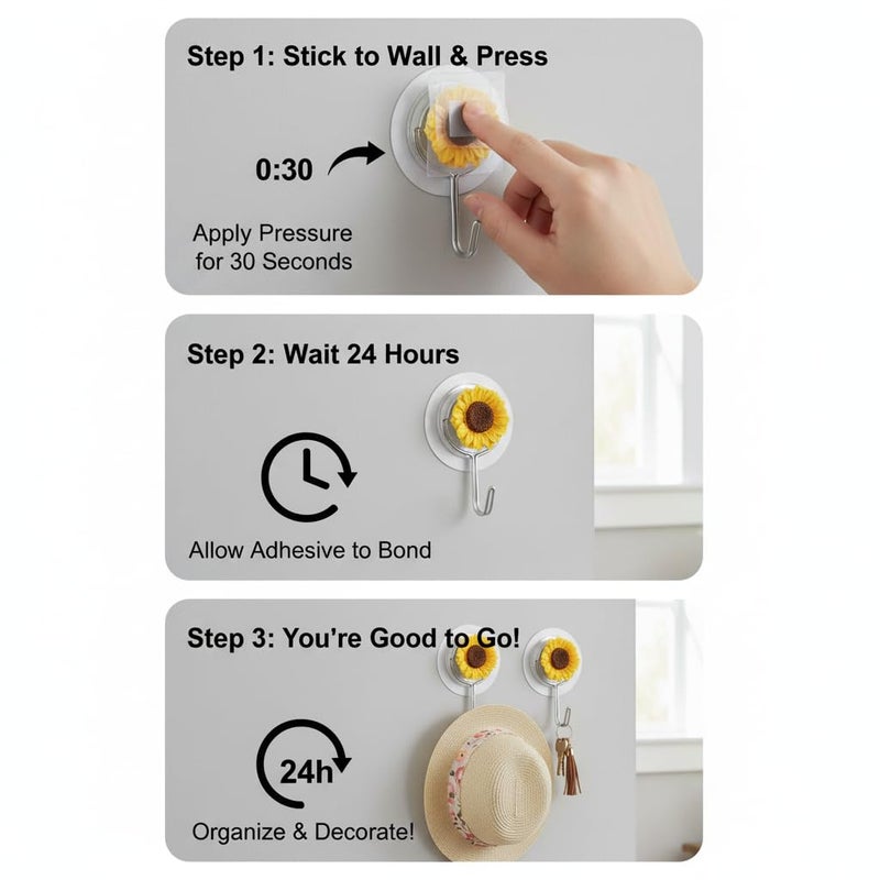 SOLDTRUE Decorative Sunflower Wall Hooks | Round Self-Adhesive Metal & Resin Hooks for Towels, Bags & Accessories | Stylish Home Organizer, Strong Hold (Pack of 2) - Image 2