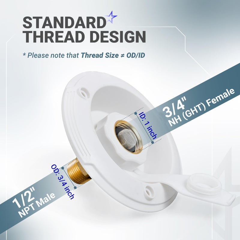 BlueStars RV City Water Inlet with Check Valve â€“ 3/4" NH Female to 1/2" NPT Male â€“ Lead-Free Brass RV Fresh Water Fill Inlet Replacement - Flush-Mount White Flange - Includes Screws & Teflon Tape - Image 2