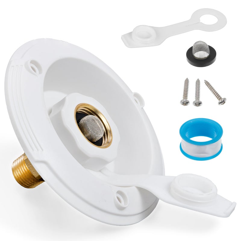 BlueStars RV City Water Inlet with Check Valve â€“ 3/4" NH Female to 1/2" NPT Male â€“ Lead-Free Brass RV Fresh Water Fill Inlet Replacement - Flush-Mount White Flange - Includes Screws & Teflon Tape - Image 1