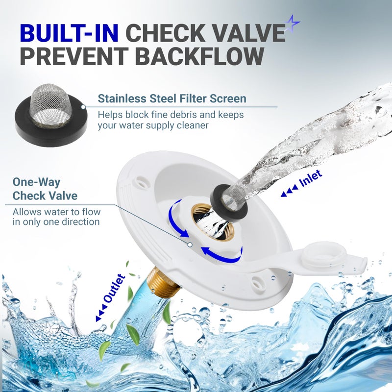 BlueStars RV City Water Inlet with Check Valve â€“ 3/4" NH Female to 1/2" NPT Male â€“ Lead-Free Brass RV Fresh Water Fill Inlet Replacement - Flush-Mount White Flange - Includes Screws & Teflon Tape - Image 4