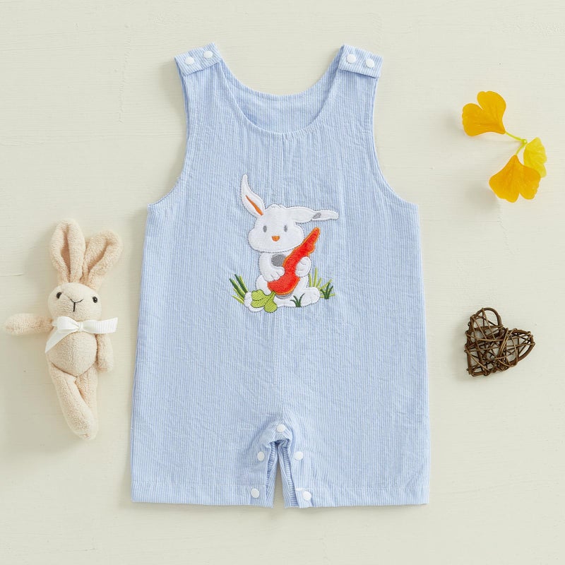 Thilsidee Infant Baby Boy Girl Easter Rabbit Jumpsuit Sleeveless Straps Romper Bib Pants One Piece Overalls Plaid Outfit (US, Age, 12 Months, 18 Months, C-Blue) - Image 2