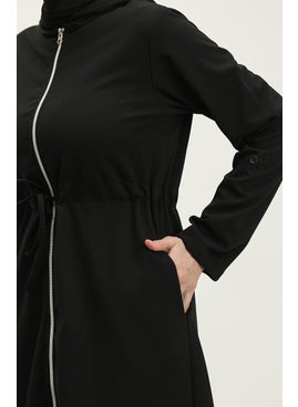 Sefa Merve Azra Hooded Waist Drawstring Cape 0328-03 Black  - Image 4