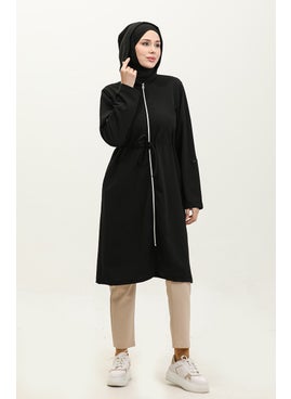 Sefa Merve Azra Hooded Waist Drawstring Cape 0328-03 Black  - Image 2