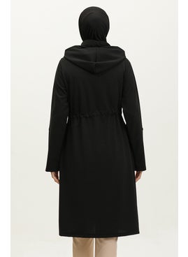 Sefa Merve Azra Hooded Waist Drawstring Cape 0328-03 Black  - Image 5