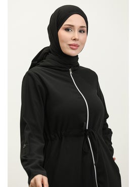 Sefa Merve Azra Hooded Waist Drawstring Cape 0328-03 Black  - Image 3