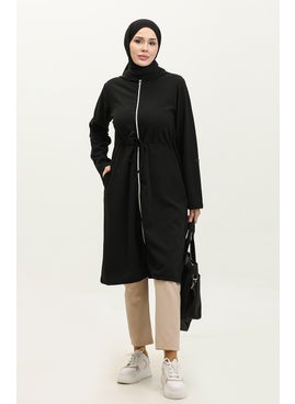 Sefa Merve Azra Hooded Waist Drawstring Cape 0328-03 Black  - Image 1