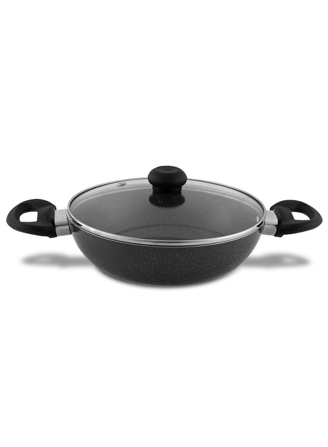 Kadai Pan Non Stick 24CM - Premium Granite Gray Non Stick Cookware with Tempered Glass Lid, Corrosion and Stain Resistant, Dishwasher Safe, Multiple Cooktop Compatibility, Heat-Proof Bakelite Handle