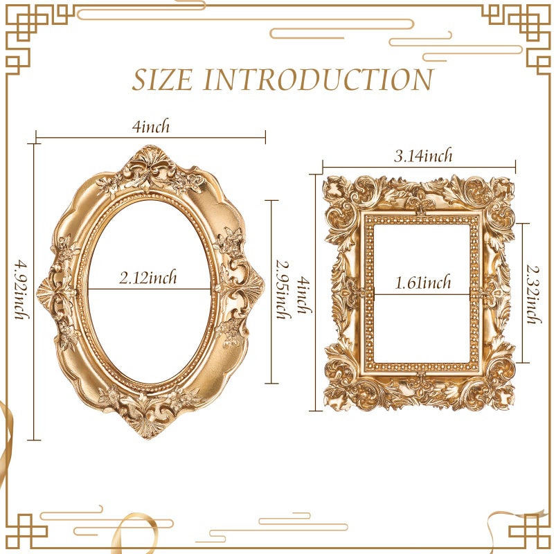 Leinuosen 2 Pcs Mini Gold Frames Vintage Resin Picture Small Antique Gold Tiny Oval Rectangle Baroque DIY Wall Hanging Frames for Home Decor Photo Props, Without Backing - Image 4