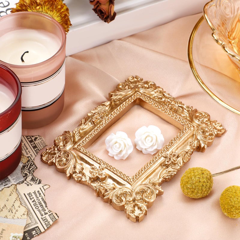 Leinuosen 2 Pcs Mini Gold Frames Vintage Resin Picture Small Antique Gold Tiny Oval Rectangle Baroque DIY Wall Hanging Frames for Home Decor Photo Props, Without Backing - Image 2
