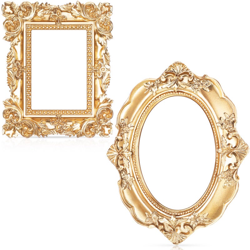 Leinuosen 2 Pcs Mini Gold Frames Vintage Resin Picture Small Antique Gold Tiny Oval Rectangle Baroque DIY Wall Hanging Frames for Home Decor Photo Props, Without Backing - Image 1