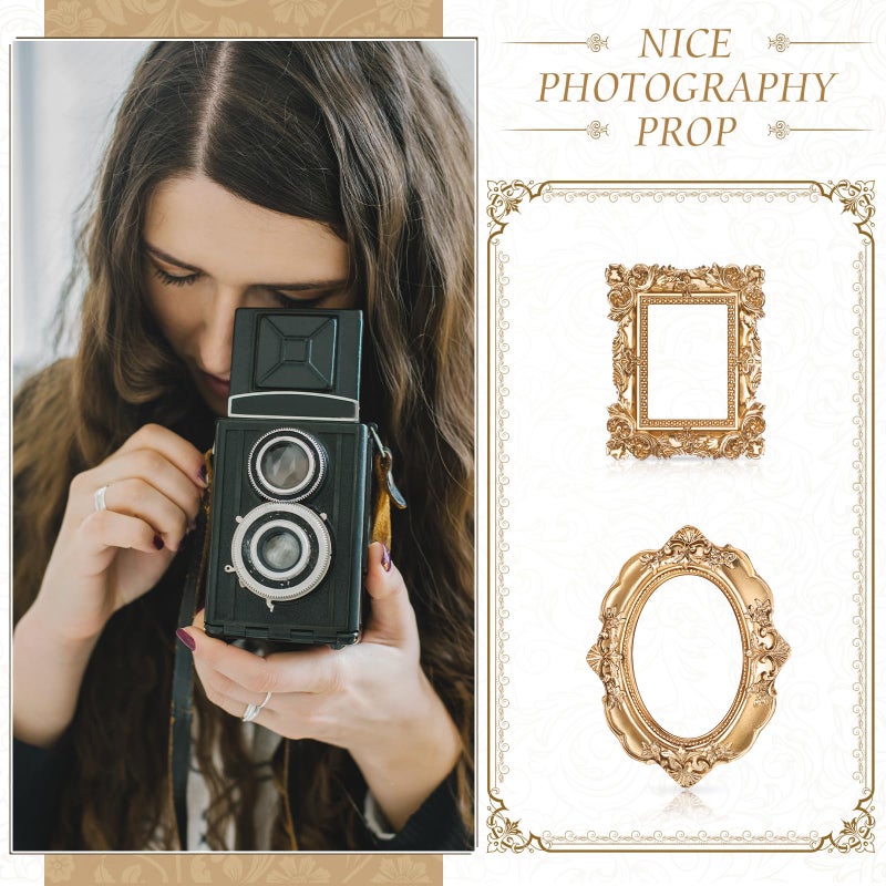 Leinuosen 2 Pcs Mini Gold Frames Vintage Resin Picture Small Antique Gold Tiny Oval Rectangle Baroque DIY Wall Hanging Frames for Home Decor Photo Props, Without Backing - Image 5