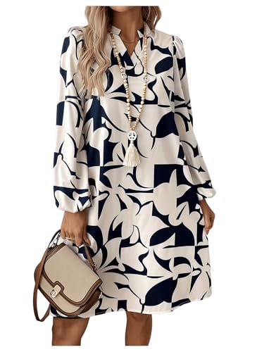 SweatyRocks Women's Geometric Pattern Printed V Neck Dress Collar Lantern Long Sleeve Casual Dresses Multicolor Small - Image 3