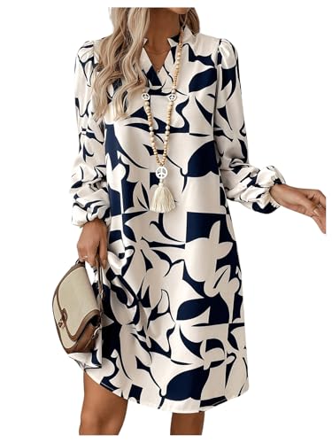 SweatyRocks Women's Geometric Pattern Printed V Neck Dress Collar Lantern Long Sleeve Casual Dresses Multicolor Small - Image 4