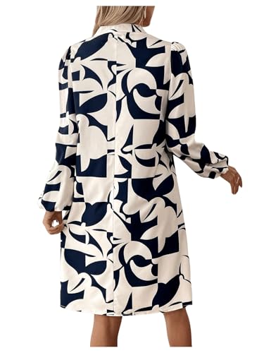 SweatyRocks Women's Geometric Pattern Printed V Neck Dress Collar Lantern Long Sleeve Casual Dresses Multicolor Small - Image 2