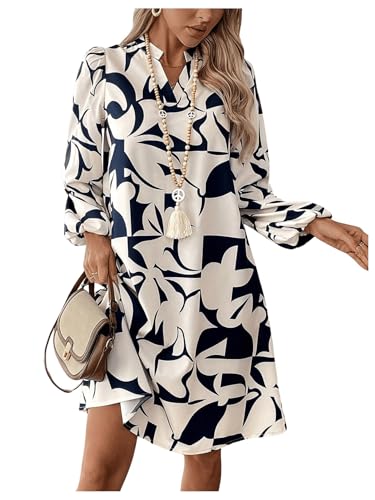 SweatyRocks Women's Geometric Pattern Printed V Neck Dress Collar Lantern Long Sleeve Casual Dresses Multicolor Small - Image 5