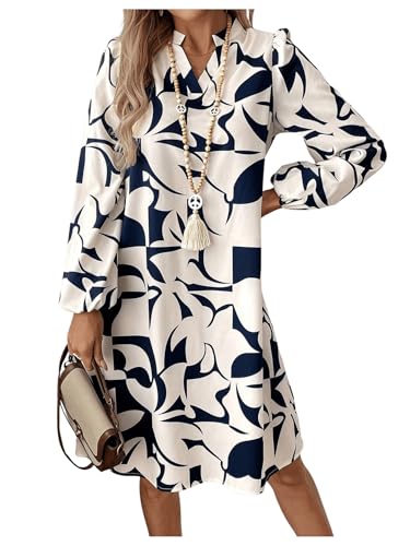 SweatyRocks Women's Geometric Pattern Printed V Neck Dress Collar Lantern Long Sleeve Casual Dresses Multicolor Small - Image 1