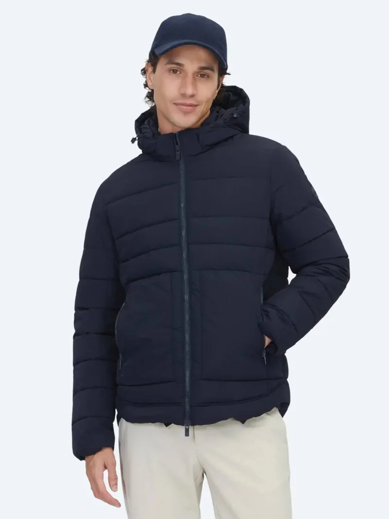 Kip Navy Blue Regular Fit Hooded Casual Weaving Coat