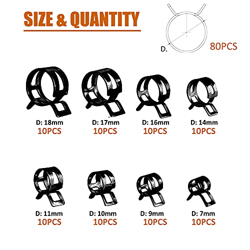 ISPINNER 80pcs Spring Band Type Fuel/Silicone Vacuum Hose Pipe Clamp, 7mm-18mm Low Pressure Air Clip Clamp 7mm 9mm 10mm 11mm 14mm 16mm 17mm 18mm (Black) - Image 2