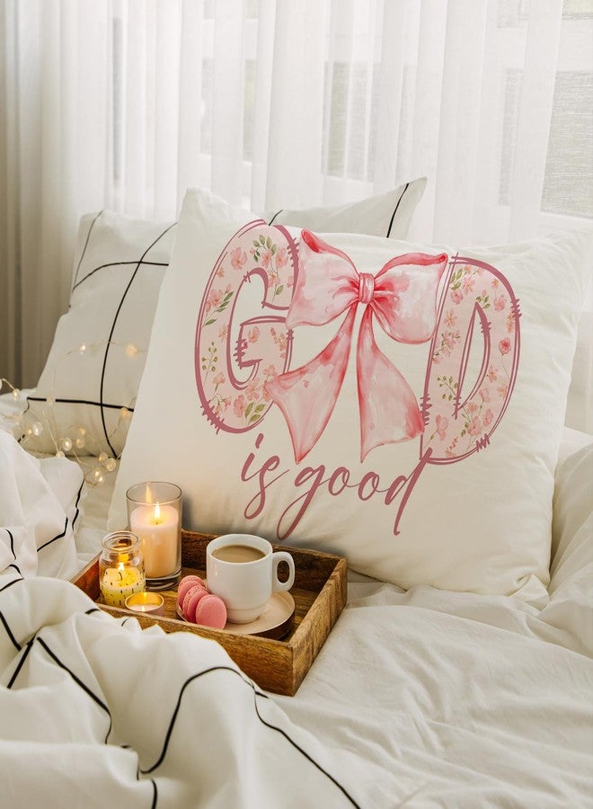 JINYO God is Good Christian Pillow Covers 12x20 inch, Coquette Pink Bow Preppy Christian Bible Verse Pillow Covers for Living Room Bedroom, Christian Decor, Bible Verse Decor - Image 3
