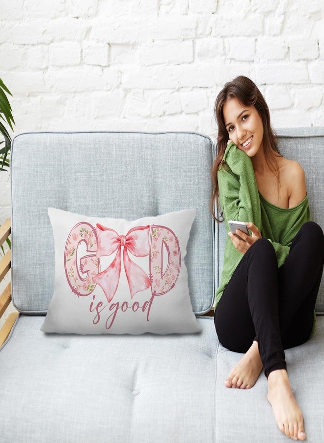 JINYO God is Good Christian Pillow Covers 12x20 inch, Coquette Pink Bow Preppy Christian Bible Verse Pillow Covers for Living Room Bedroom, Christian Decor, Bible Verse Decor - Image 2