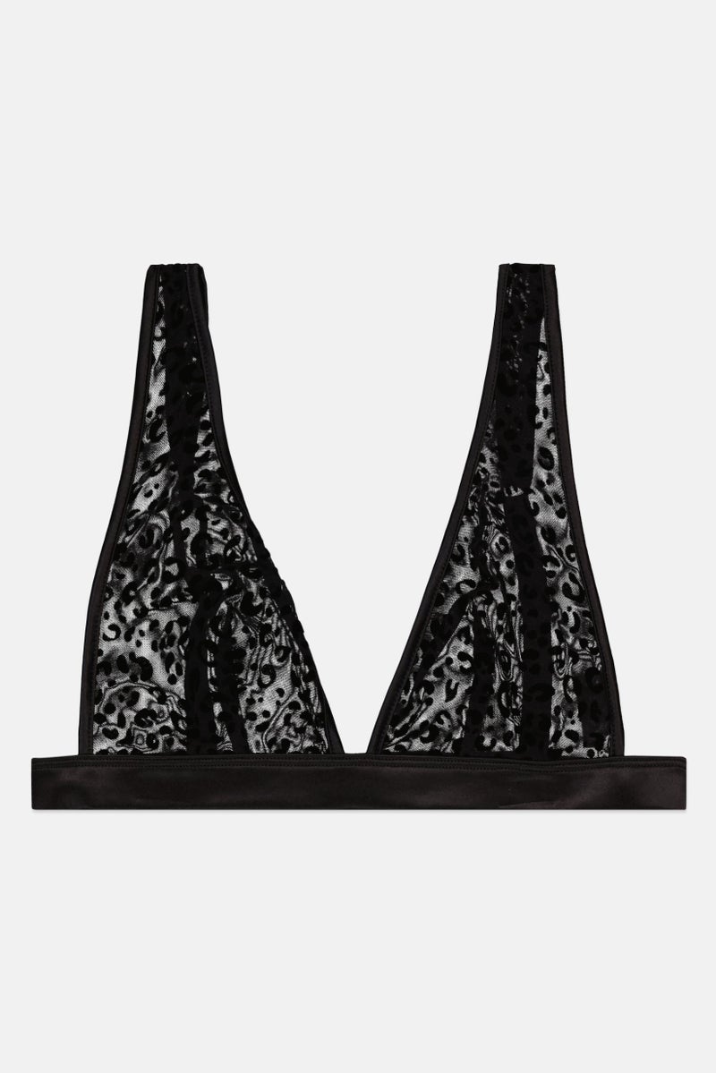 Loungeable Women Leopard Print Non Padded Lace Bra, Black - Image 1