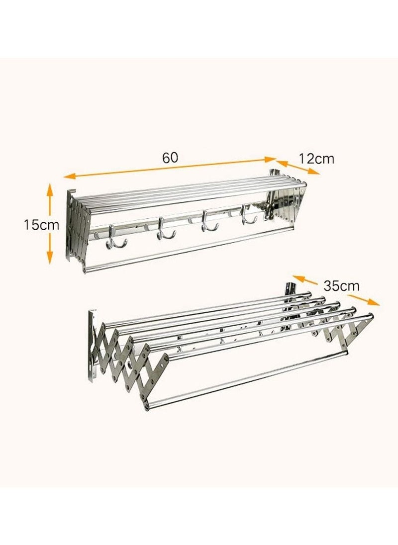 Eworld Wall mounted Retractable Airers Folding Extendible Dryer Rack Towel Shelf  with Hooks for Bathroom and Terrace  - Image 2