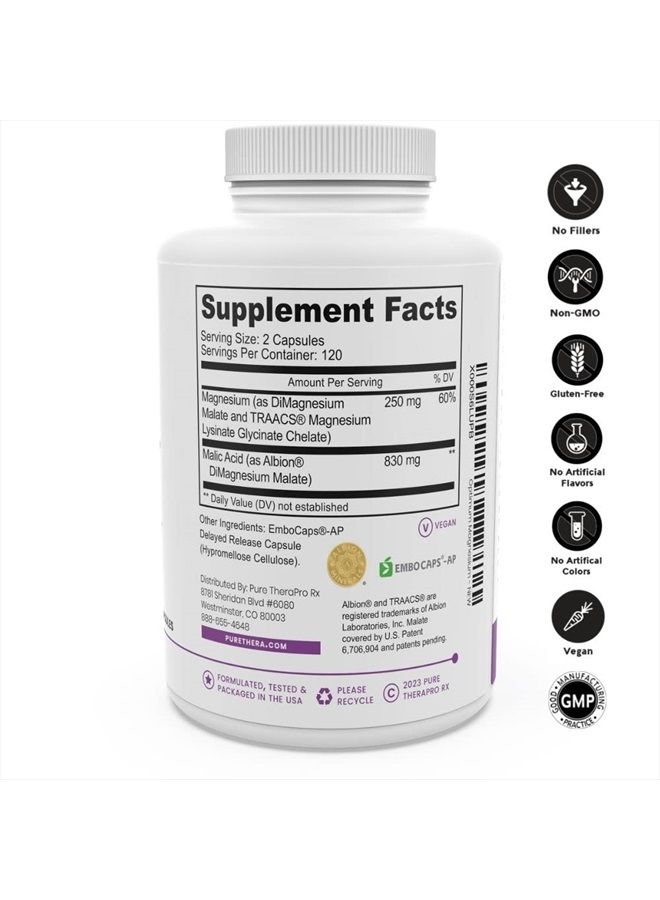Pure Therapro Rx Optimum Magnesium - 240 Delayed Release Veg Caps | 250mg Elemental TRAACS Magnesium Lysyl Glycinate Chelate & Albion DiMagnesium Malate | Formulated for Enhanced Absorption | Non GMO | Lab Tested - Image 2