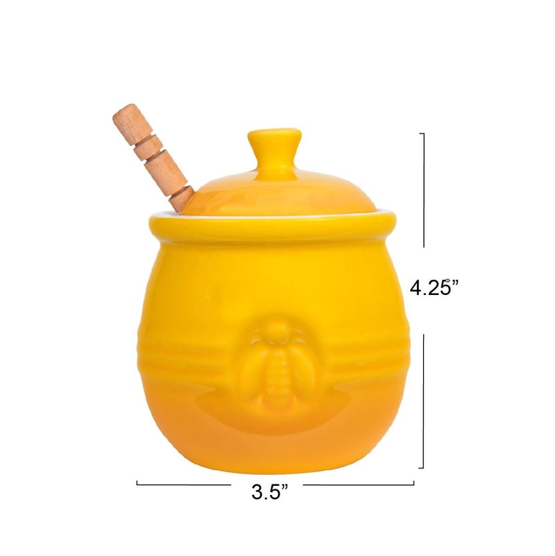 Creative Co-Op Yellow Stoneware Honey Pot with Lid & Wood Honey Dipper - Image 2