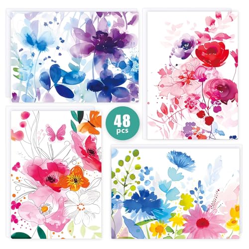 FUHITIM 48 Pack Blank Cards and Envelopes, Watercolor Flowers Blank Greeting Cards, Blank Cards for All Occasion - Image 1