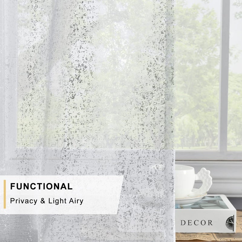 TERLYTEX TERLYTEX Silver White Sheer Curtains for Bedroom  Metallic Silver Foil Spray Spot Sparkle Sheer White Curtains 63 Inch Length  Grommet Sheer Silver Curtains 2 Panels Set  52 x 63 Inch  Silver White - Image 3