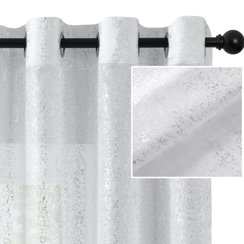 TERLYTEX TERLYTEX Silver White Sheer Curtains for Bedroom  Metallic Silver Foil Spray Spot Sparkle Sheer White Curtains 63 Inch Length  Grommet Sheer Silver Curtains 2 Panels Set  52 x 63 Inch  Silver White - Image 1
