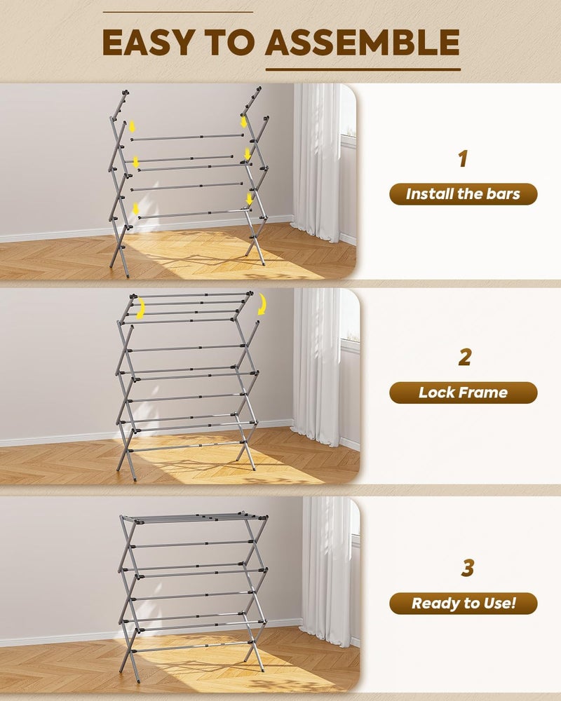 KINGBOARD Clothes Drying Rack, Collapsible Drying Rack Clothing with 11 Poles, 3-Tier Laundry Drying Rack, Small Clothes Drying Rack Foldable for Baby Clothes Sock Towel, 25lb Capacity, Grey - Image 5