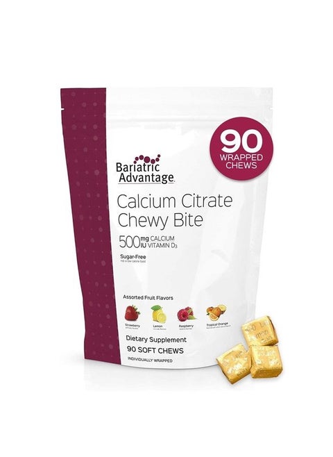 Calcium Citrate Chewy Bites 500mg with Vitamin D3 for Bariatric Surgery Patients Including Gastric Bypass and Sleeve Gastrectomy, Sugar Free - Assorted Fruit Flavor, 90 Count