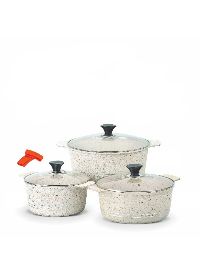 SONEX طقم أوماجا 8 قطع من أواني الطهي غير اللاصقة - طلاء رخام، أغطية زجاجية، مقابض سيليكون لطبخ آمن وسهل - Image 1