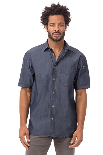 Chef Works Men's Detroit Short Sleeve Denim Shirt, Indigo Blue, X-Large - Image 1