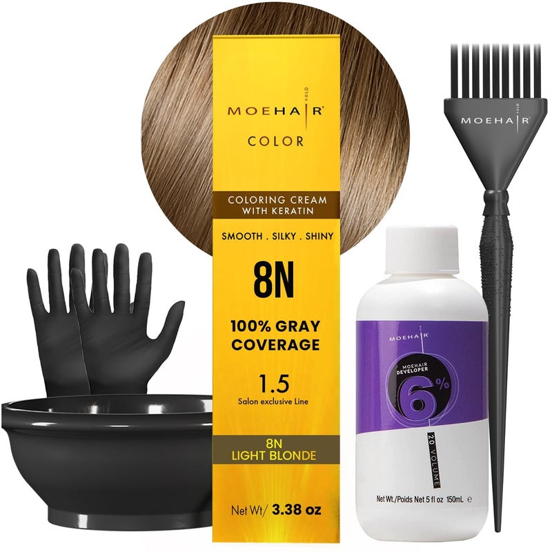 MOEHAIR Hair Coloring Kit  8N Permanent Hair Color Light Blonde 20 Volume Developer 6 Coloring Brush Gloves  Mixing Bowl  Keratin Infused Color  Gray Coverage  Adds Shines  Softness