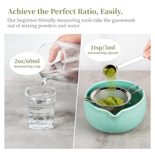 YIBO Matcha Whisk Set, Matcha Kit Bamboo Whisk and Ceramic Bowl with Spout & Measuring Spoon & Cup, Japanese Ceremony Matcha Tea Making Tools Blue - Image 3