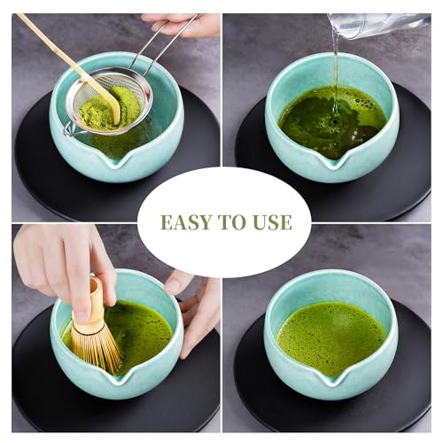 YIBO Matcha Whisk Set, Matcha Kit Bamboo Whisk and Ceramic Bowl with Spout & Measuring Spoon & Cup, Japanese Ceremony Matcha Tea Making Tools Blue - Image 4