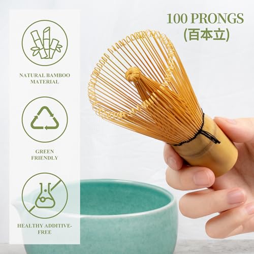 YIBO Matcha Whisk Set, Matcha Kit Bamboo Whisk and Ceramic Bowl with Spout & Measuring Spoon & Cup, Japanese Ceremony Matcha Tea Making Tools Blue - Image 2