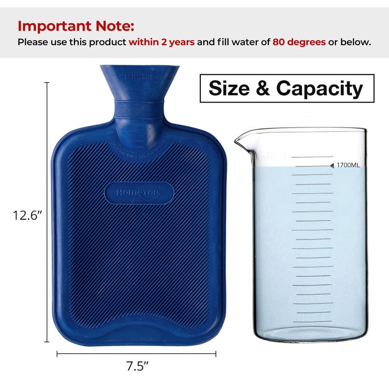 HomeTop Premium Classic Rubber Hot or Cold Water Bottle with Soft Fleece Cover (2 Liters, Navy Blue) - Image 4