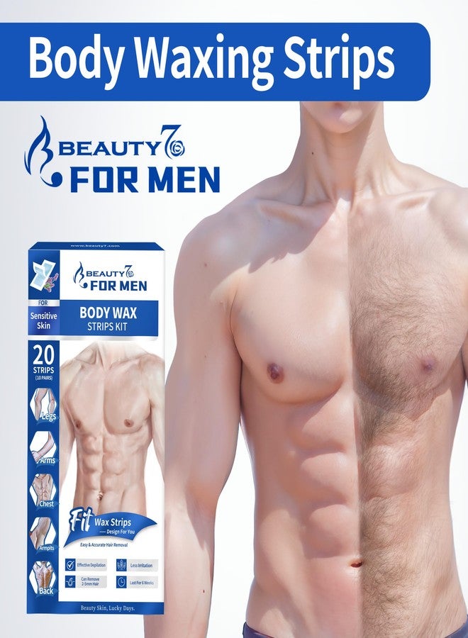 Beauty7 شرائط شمعية للرجال من بيتي7 للجسم، شرائط شمعية جاهزة للاستخدام، إزالة شعر الوجه بالشمع، مجموعة إزالة الشعر في المنزل للأرجل والذراعين والصدر، 20 شريط شمعي و4 مناديل زيت مهدئ - Image 2