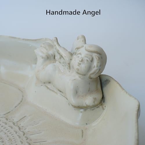 Yeaco Beige White Angel Heavy Duty Ceramic Wild Bird Bath Bowl or Feeder for Outdoor Garden, Bowl Only - Image 3