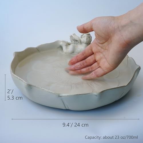 Yeaco Beige White Angel Heavy Duty Ceramic Wild Bird Bath Bowl or Feeder for Outdoor Garden, Bowl Only - Image 4