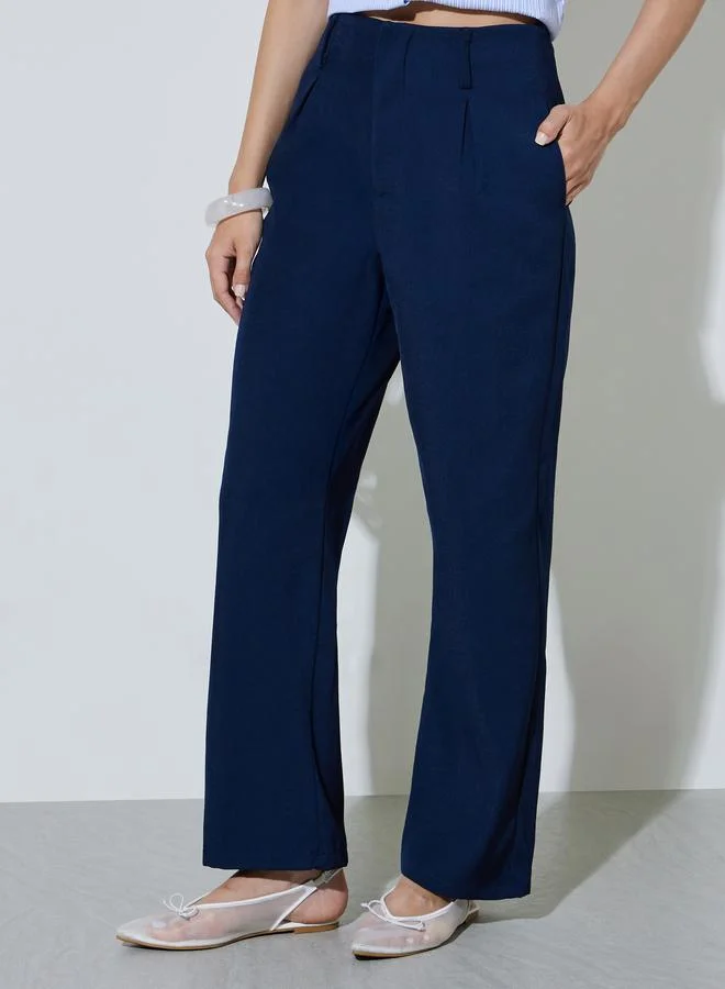 تايك تو Navy Blue Solid Mid Rise Pants