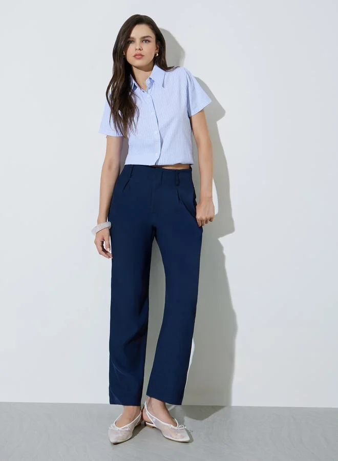 تايك تو Navy Blue Solid Mid Rise Pants