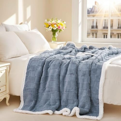 Gracelife Sherpa Throw Blanket for Couch, Flannel Cozy Soft Thick Blanket for Bed - Fleece, Dirty Blue, 60x80 Inches - Image 3