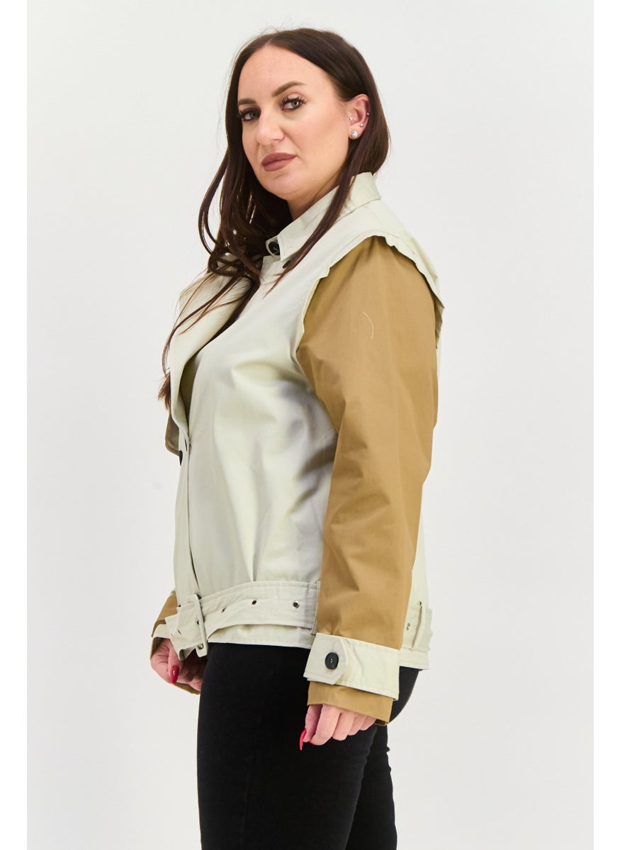 Unique21 - Women Colorblock Trench Coat, Tan - Image 1